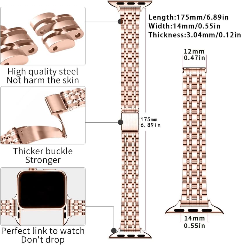 Slim Watch Band Compatible with Apple Watch 41mm 45mm 42mm 44mm 40mm 38mm Metal Stainless Steel Watchband Suitable for iWatch 10/9/8/7/6/5/4/3/2/1/SE Series Women Luxury Strap