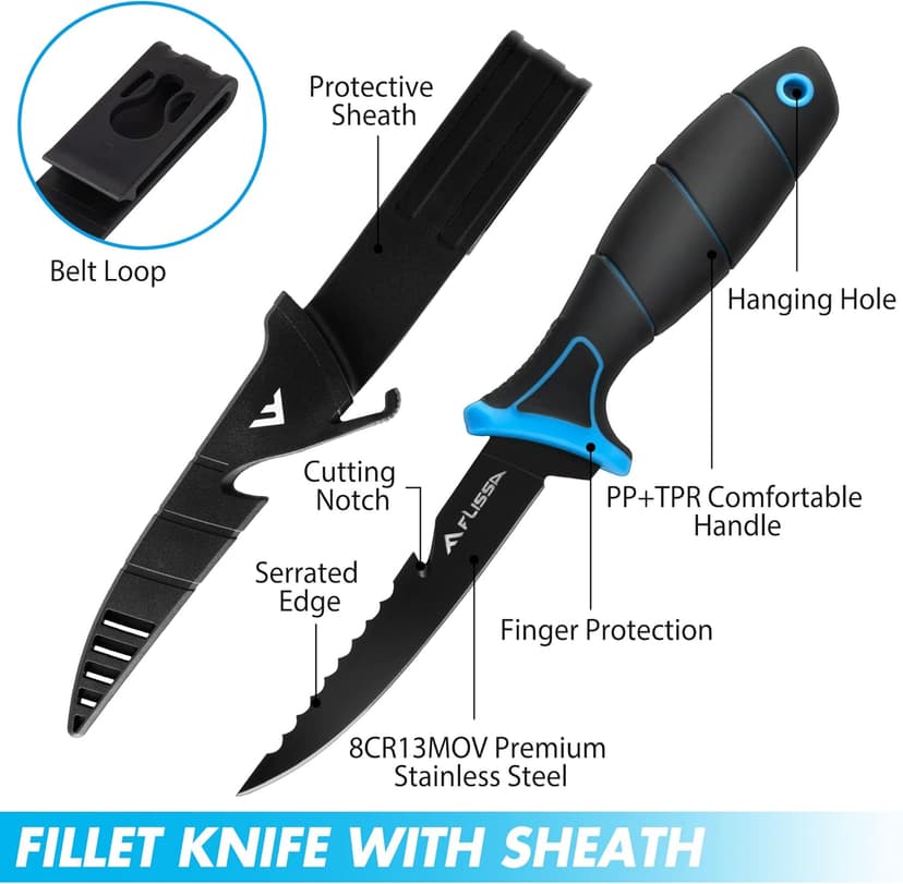 FLISSA Fillet Knife Set, Boning Knife & Bait Knives with Sharpener, Protective Sheath, Belt Clip, Non-Slip Handle, Portable Pouch & Corrosion Resistant Coating Blade, for Fresh or Saltwater (4-Piece)