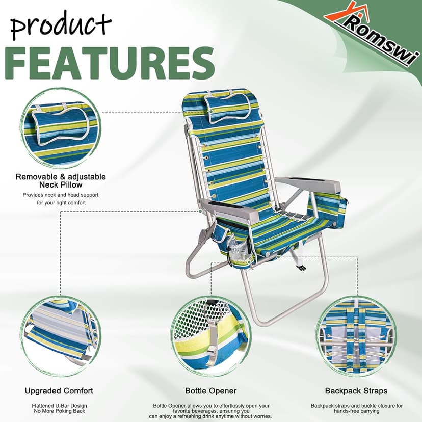 Romswi Tall Beach Chair Extra Wide for Adults, 17" High Seat Backpack Beach Chair with Cooler Bag, Cup & Phone Holder, 5-Position High Back Reclining Chair with Towel Bar & Zipper Pocket, Blue Stripes