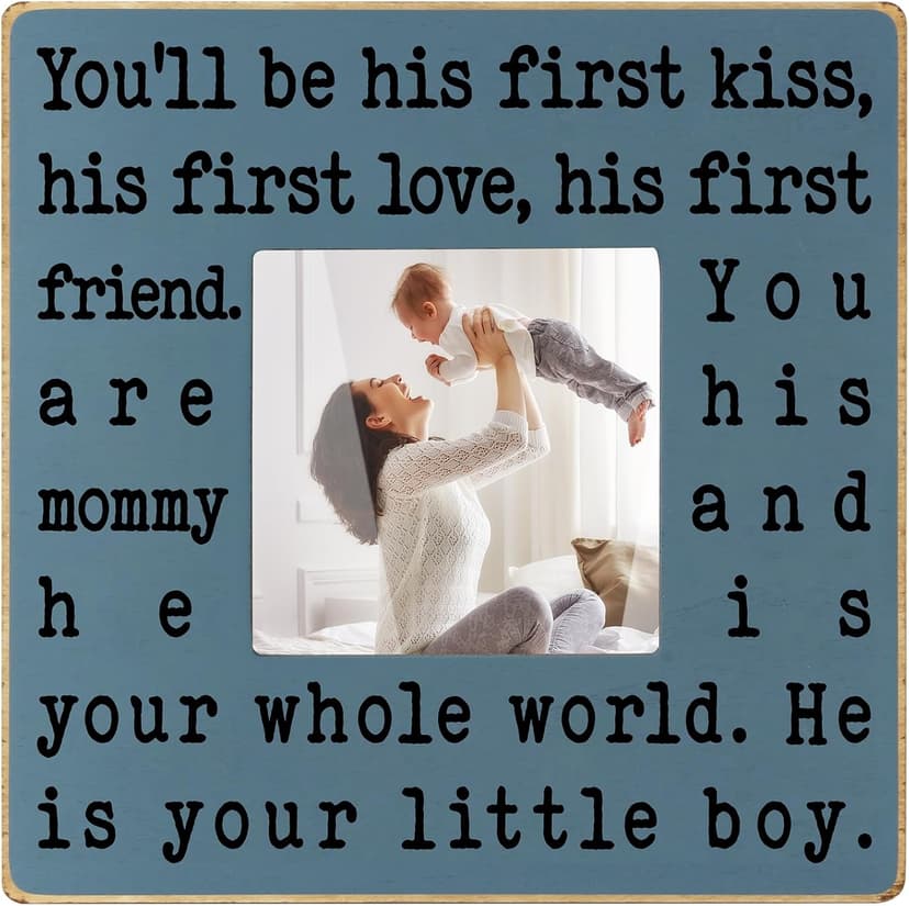 New Mom Gifts for Women, Mothers Day Gifts from Son | Boy Mom Picture Frame, Sentimental Birthday Gift for Mom | Fits 4x4 Photo, Rustic Farmhouse Home & Desk Decor