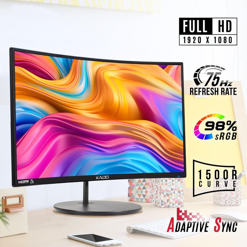 Kado Dual Monitor Setup - 2-Pack 24" Curved 1920x1080 Computer Monitor 1500R 75Hz VESA Mount HDMI Office Gaming Hybrid Built-in Speakers (C24X Dual Series)