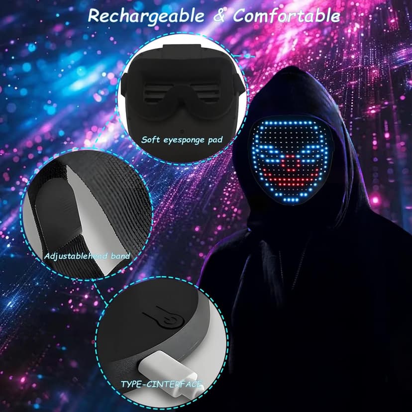 Gift for Halloween Costume Mask Birthday Christmas Cosplay, Rechargeable, 50 Glowing Patterns, Cool Toys For Kids Adults JDBMAOYE LED Light Up Mask with Gesture Sensing,Perfect Gifts for Teen Boys B0D9LZXPZ1