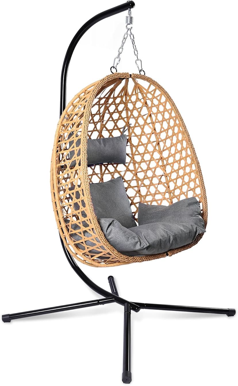 LEX CRAFT Egg Chair with Stand, Patio Wicker Hanging Chair, Hammock Swing Chair, 350LBS Capacity for Bedroom, Balcony, Garden (YE-GR)