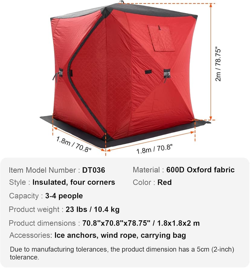 VEVOR Portable Pop-Up Tent, 1-8 Person Insulated Shelter, Large Fishing Area, Hub-Style Shanty for Winter Fishing, Waterproof Oxford Ice Cube with Anchors/Ropes/Carrying Bag