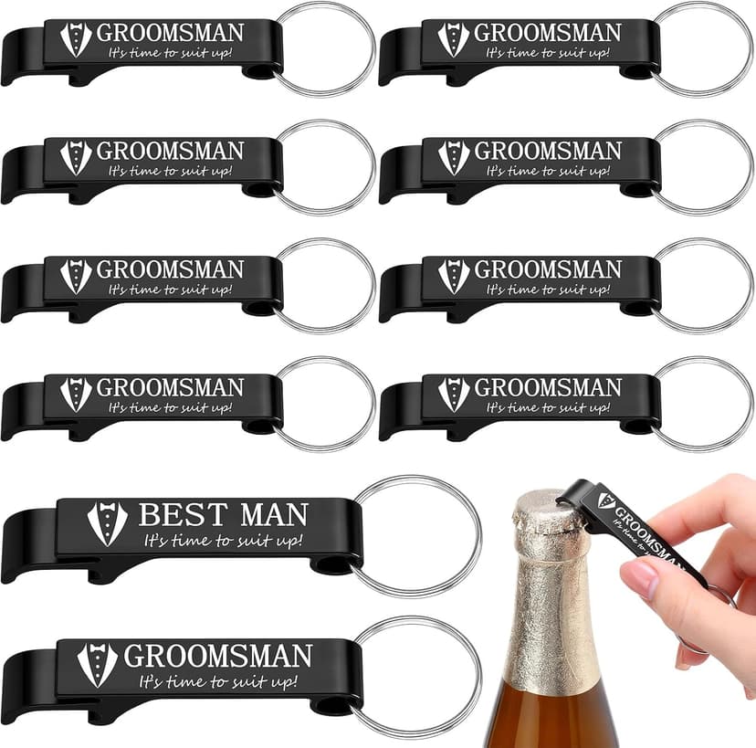 Aluminum Beer Wine Opener for Mens Bachelor Party, Groomsmen Proposal Gift Set Includes 9 Groomsman and 1 Best Man Jingmore 10 Pcs Groomsmen Bottle Opener Keychain Wedding Party Bulk, Black B0FQNWRHCS