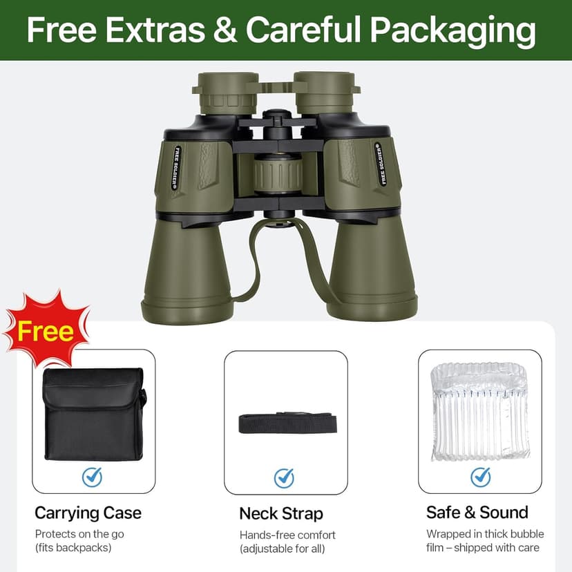 20x50 Hunting Binoculars for Adults High Powered with Low Light Night Vision - 28mm Large Eyepiece Professional Binoculars for Bird Watching Hiking Travel with BAK4 Prism FMC Lens, Green