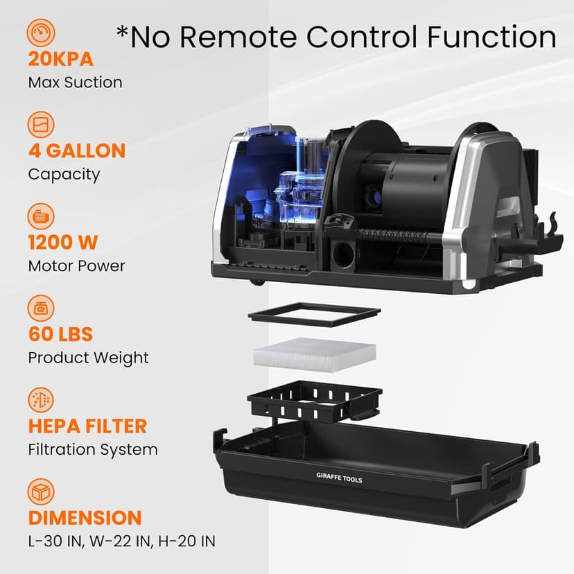 Giraffe Tools Grandstorm Wet Dry Vacuum Cleaner with 6 Nozzles, 30 FT Retractable Hose Wall Mounted Vacuum Cleaner for Car Detailing, Grey（No Remote Control Funtion）