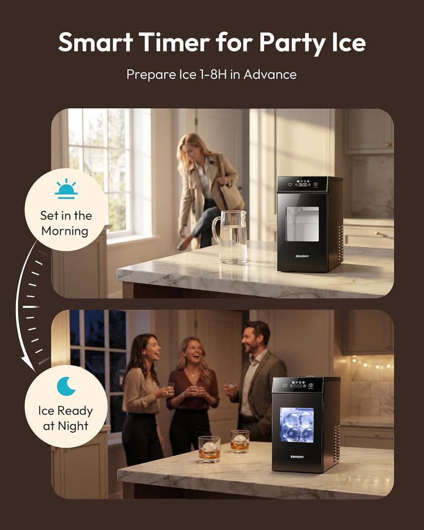 EUHOMY 2.4" Ice Ball Maker Countertop, 2Pcs Ready in 60Mins, 48Pcs/Day, 8H Timer, Self-Cleaning Sphere Ice Maker Machine with Crystal Clear Ice, Round Ice Cube Maker for Whiskey & Bourbon