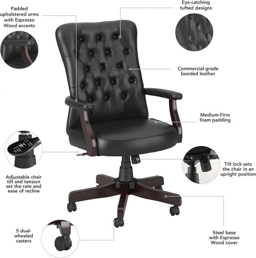 Bush Business Furniture Arden Lane High Back Tufted Office Chair with Arms in Black Leather, Comfortable Computer Desk Seating for Home or Professional Workspace