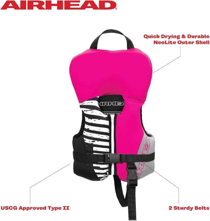 Airhead Wicked Kwik-Dry NeoLite Flex Life Jacket for Kids - USCG Approved Life Vest for Youth, Child & Infant, Watersports Vest for Boating, Tubing & Swimming, Hot Pink