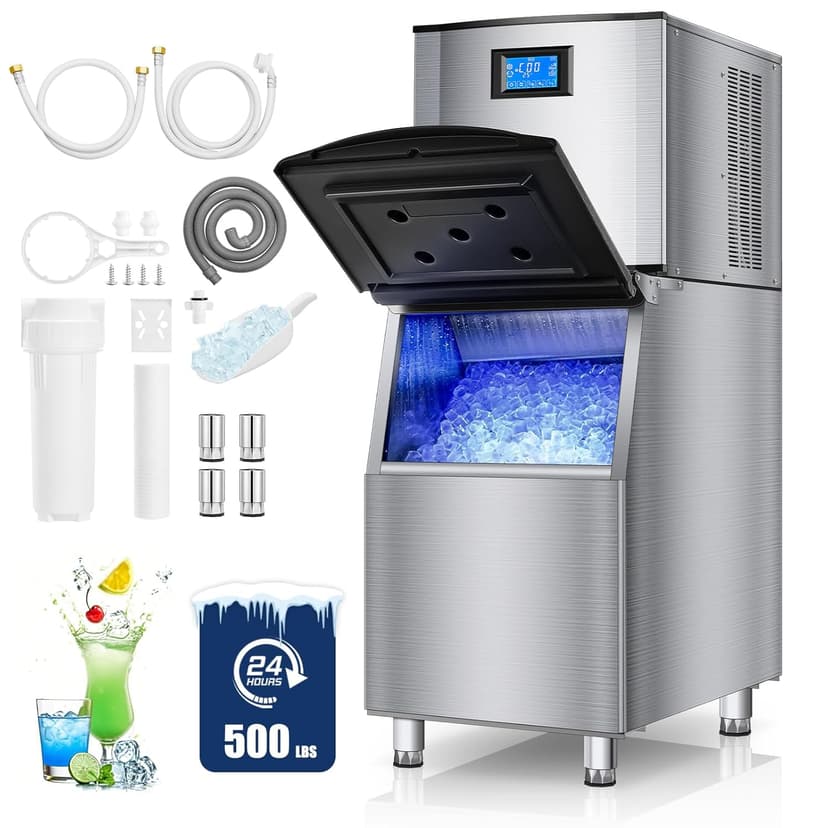Commercial Ice Maker Machine 500LBS/24H, 350LBS Stainless Steel Storage Bin, 182 Ice Cubes in 10-15min, Self-Cleaning, Air Cooled Ice Machine with LCD Touchscreen for Bar Business Cafe (500 lbs)