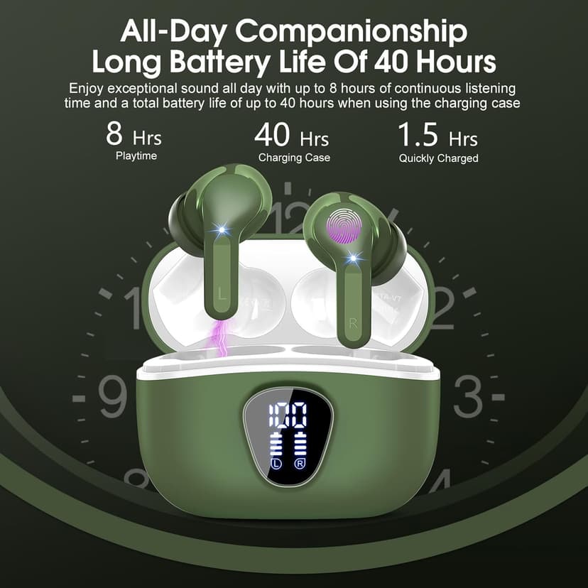 Wireless Earbuds, Bluetooth 5.4 Headphones HiFi Stereo, Bluetooth Earbuds with ENC Noise Cancelling Mic, IP7 Waterproof in Ear Earphones, 48H, LED Display Ear buds for Pad Phones Workout Sports, Green