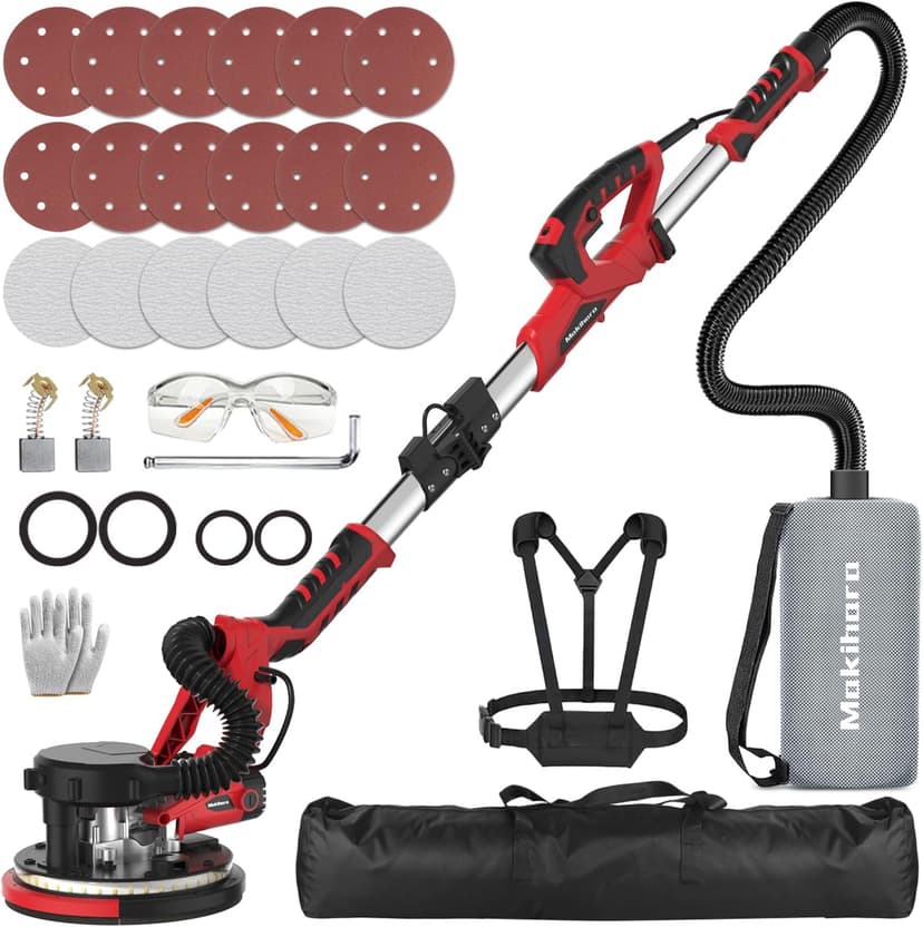 Drywall Sander, Popcorn Ceiling Removal Tool, 1000W Drywall Sander with Vacuum Dust Collector, 6 Variable Speed 500-2000rpm, 18pcs Sanding Discs, Led Light, Foldable & Extendable Handle