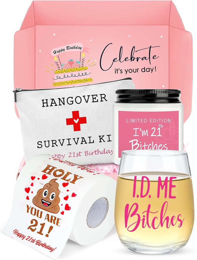 21st Birthday Gifts for Women Her Unique 21 Year Old Birthday Gifts for Female Her Funny Gift for 21 Year Old Female 21st Bday Decorations for Women - Wine Glass Toilet Paper Candle Makeup Bag B0CY1Z9QNV