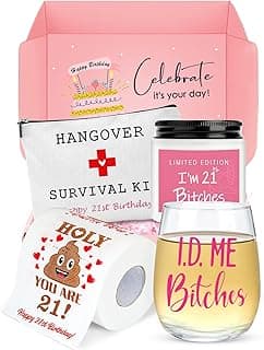 21st Birthday Gifts for Women Her Unique 21 Year Old Birthday Gifts for Female Her Funny Gift for 21 Year Old Female 21st Bday Decorations for Women - Wine Glass Toilet Paper Candle Makeup Bag B0CY1Z9QNV