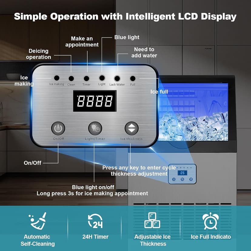 Amzgachfktch Commercial Ice Maker, 100lbs/24H Ice Maker Machine, Auto Self-Cleaning, LED Digital Display, Blue Light, Under Counter/Freestanding Ice Machine for Home/Office/Restaurant/Bar
