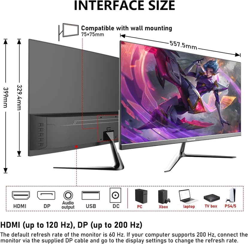 Gawfolk 24.5 Inch PC 200Hz Gaming Monitor, FHD 1080p screen, Built-in speakers,1ms without Bezel, freesync, 99% sRGB, 178 ° Angle View, HDMI、DisplayPort, Compatible with wall mounting 75*75MM - Black