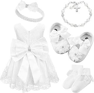 5 Pcs Baby Girl Baptism Outfit Includes Lace Christening Dresses Bowknot Headwear Cross Charm Bracelet Socks Shoes