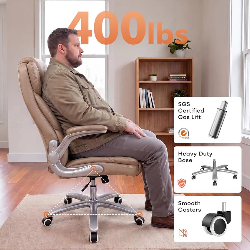 GYI Big and Tall Office Chair 400lb Wide Seat, Ergonomic High Back Leather Executive Desk Chair with Flip-up Arms, Brown