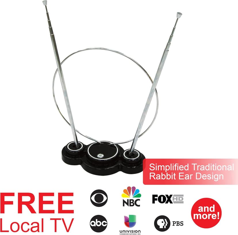 GE Traditional Rabbit Ears Indoor Black TV Antenna, 15 inch Extendable Dipoles and Circular Loop, Tabletop Antenna, Digital, HDTV Antenna, Smart TV Compatible, 4K 1080P VHF UHF, Compact Design, 33676 Rabbit Ear Antenna