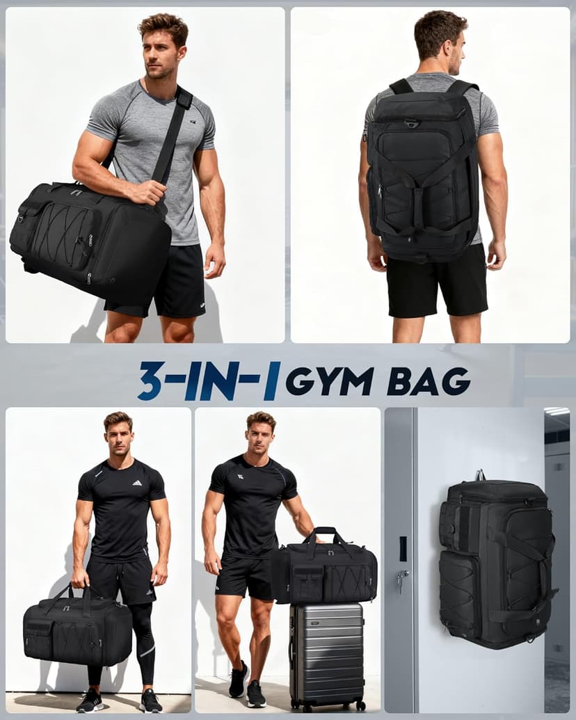 SDYSM Gym Bag for Men 45L Sports Duffel Bags 3-in-1 Travel Duffel Bag with Shoe Compartment, Gym Workout Backpack Carry On Weekender Bag Overnight Bag for Travel, Black