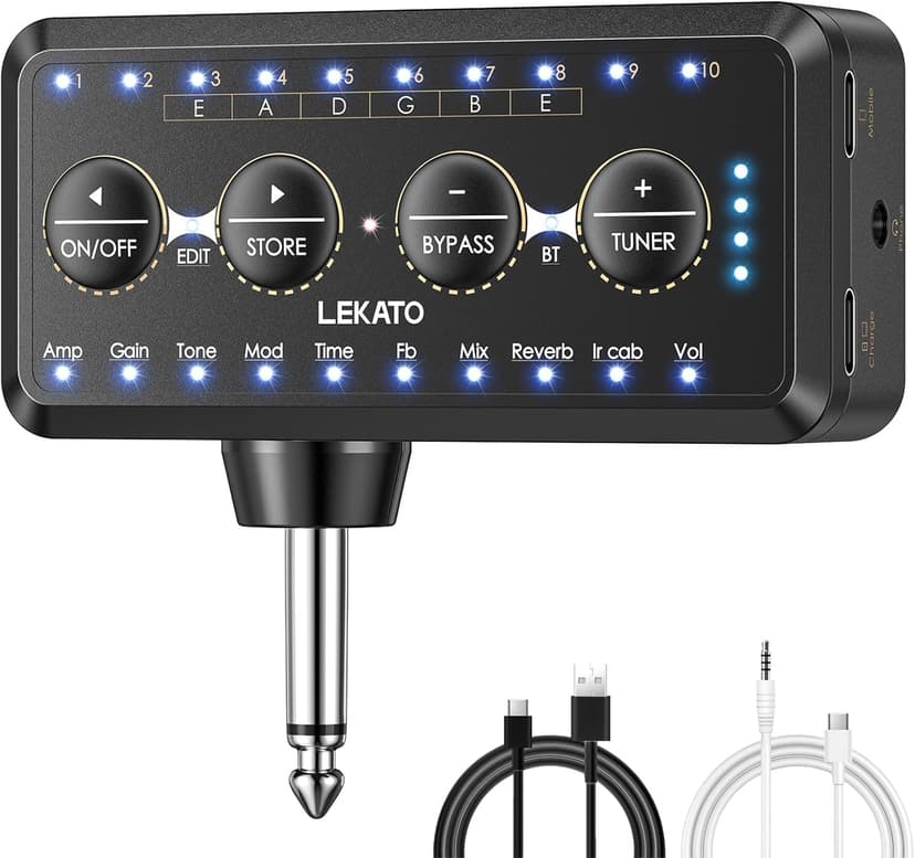 LEKATO Micro Guitar Headphone Amp Bass Guitar Headphone Amplifier with Multi Effects - Amp Models, IR Loading, Tuner, Rechargeable Electric Headphone Amplifier Delay Reverb Chorus Overdrive Portable