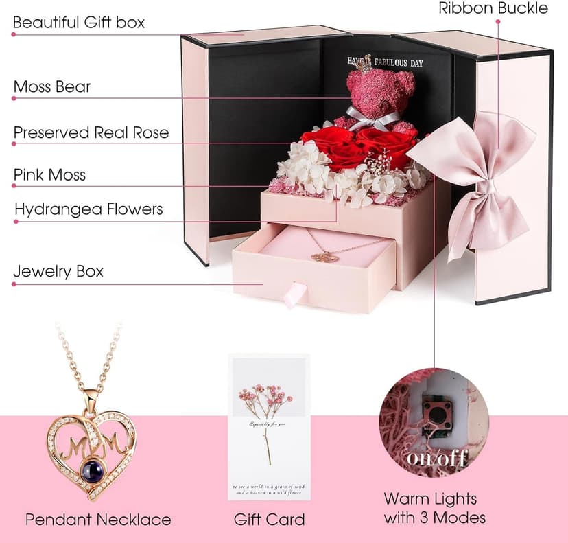 ADDWel Birthday Gifts for Mom from Daughter and Son, Unique Mother Birthday Gift Idea, Preserved Real Roses with I Love You in 100 Languages Mom Necklace, Cool Present to Mother Mama