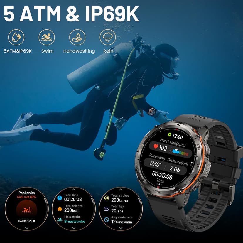 AMAZTIM GPS Smart Watch for Men, 6 Satellite Positioning, Compass, Stainless Steel Body, 50M Waterproof, 470mAh Extra-Large Battery, Answer/Make Call, 1.43" AMOLED Screen, Compatible for Android iOS