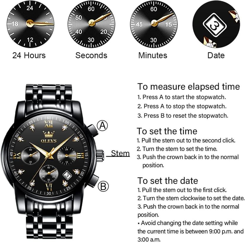 OLEVS Men's Stainless Steel Chronograph Watch, Big Face Gold Silver Black Tone Easy to Read Analog Quartz Watch, Luxury Waterproof Date Diamond Roman Arabic Numerals Dial Dress Watch for Men