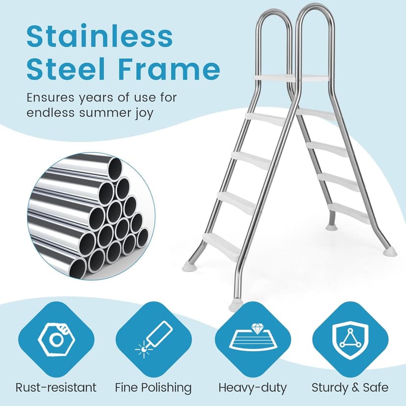 Goplus 4-Step Steel Frame Above Ground Swimming Pool Ladder for 55" Pool Wall Heights, Double-Sided Entry & Exit Ladder w/Non-Slip Steps, Top Platform, Rotating Foot Pads