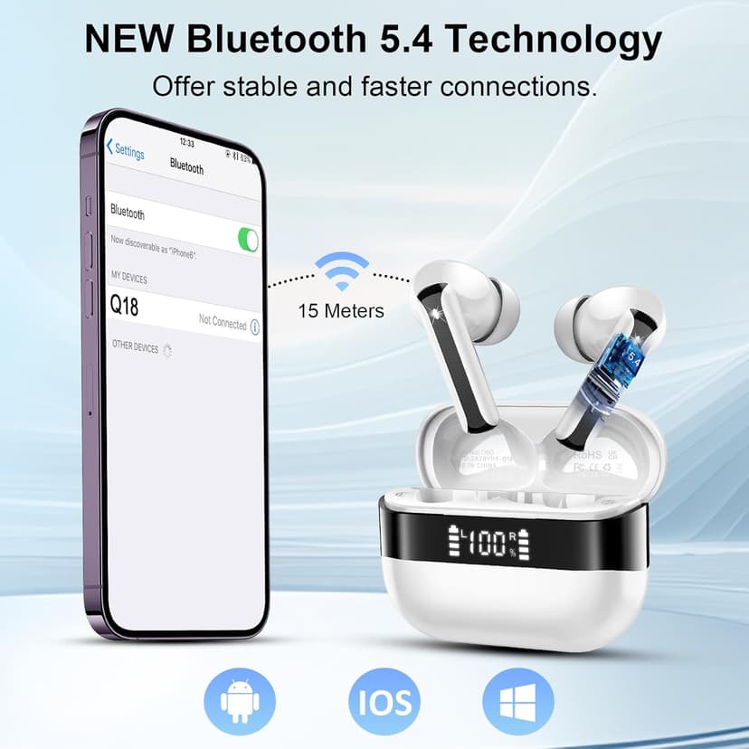 Wireless Earbuds, Bluetooth 5.4 Headphones HiFi Stereo, Bluetooth Earbuds with 4 ENC Mics, 48H Playtime Ear buds with LED Display Charging Case, IP7 Waterproof In Ear Earphones for Android iOS White