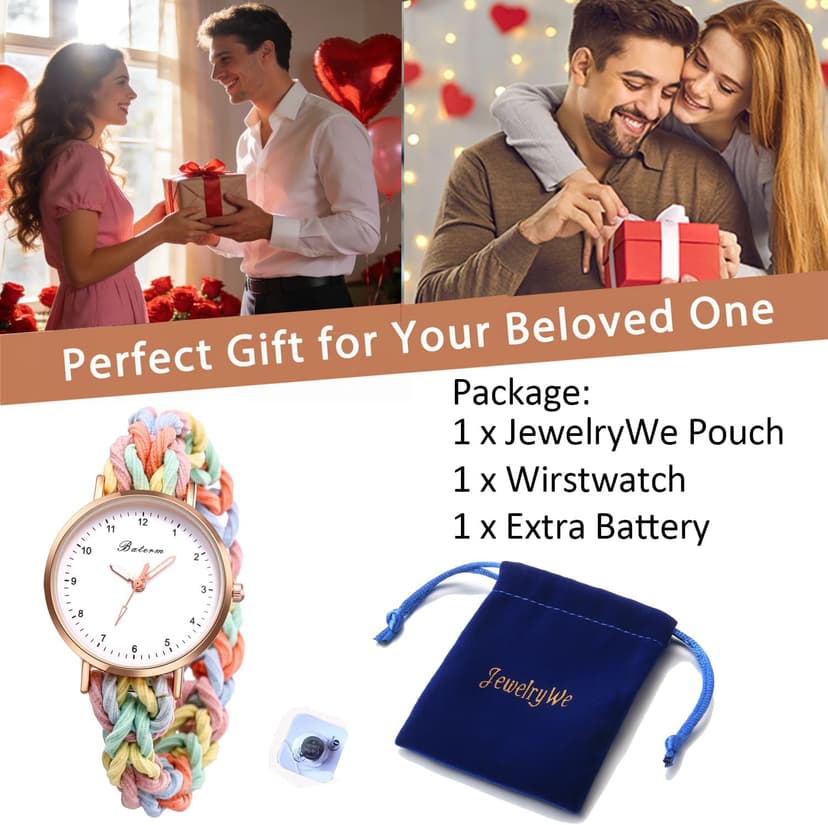 JewelryWe Womens Stretch Band Watches: Analog Quartz Elastic Watch Colorful Weave Rope Expansion Band Wristwatch for Valentine's Day