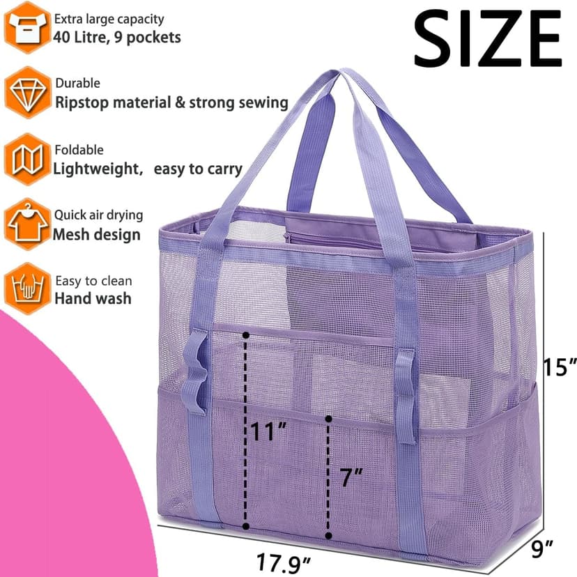 Fammart Mesh Beach Bag with Zipper, Large Beach Tote for Women, Toys Pool Swim Bag Travel Vacation Cruise Essentials