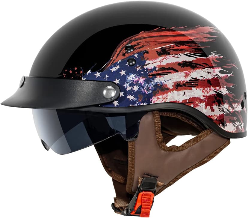 VCAN Cruiser Half Face Motorcycle Helmet with Drop-Down Sun Visor, Removable Peak and Quick Release Buckle