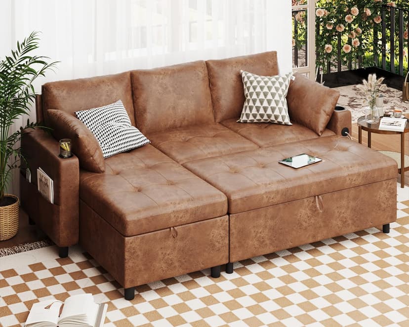 JFHID Leather Sleeper Sofa Couch with Pullout Bed, 80'' Sofa Bed Pull Out Couch with Reversible Storage Chaise, Sectional Couches with USB Charging Ports&Cup Holders for Living Room, Brown