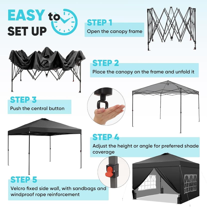 GDY 10x10 Pop Up Canopy Tent with 4 Sidewalls, Easy Set up with One Push Lift Outdoor Silver Coated Beach Gazebos, Carpas with 4 Sandbags, for Events, Parties,Camping, Black.