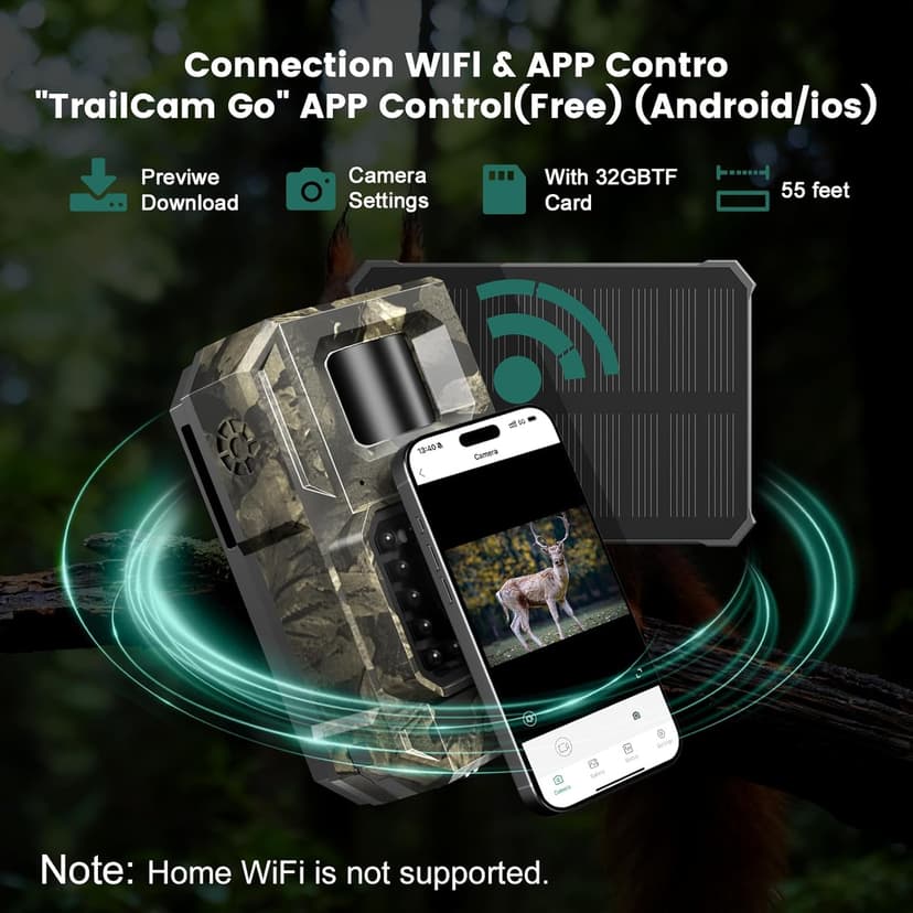 MAXDONE Solar WiFi Trail Camera Bluetooth Game Camera, 4K 64MP Wildlife Cameras 2000mAh Built-in Battery Rechargeable Power Hunting Cameras with Night Vision Trail Cam Bluetooth Wi-Fi Deer Cams