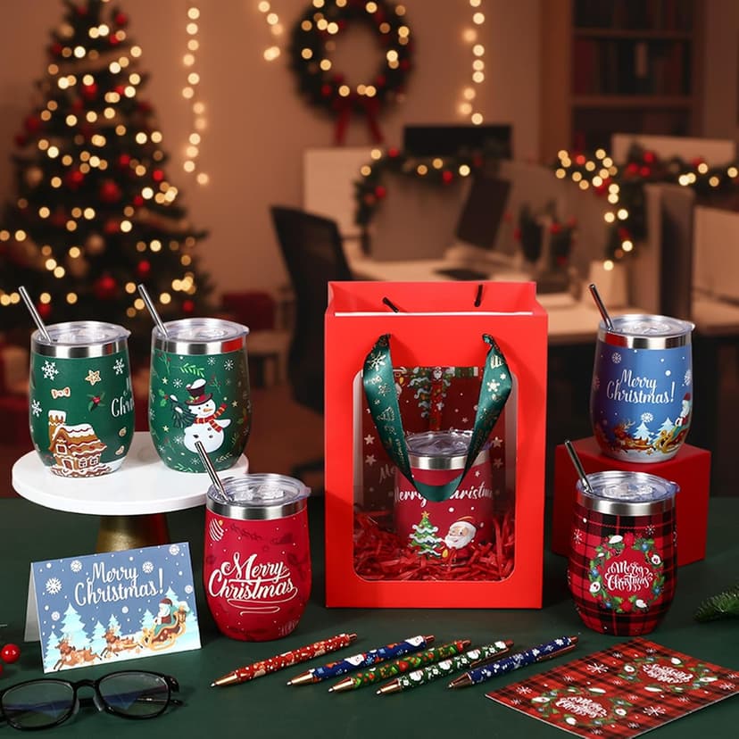 12oz Stainless Steel Coffee Mug, Christmas Cup with Lid and Straw, Pen Card Gift Bag Set, for Colleague Coworker Party Supply Patelai 30 Pcs 2026 Christmas Tumbler Gift Set for Employees B0FN44WP6G