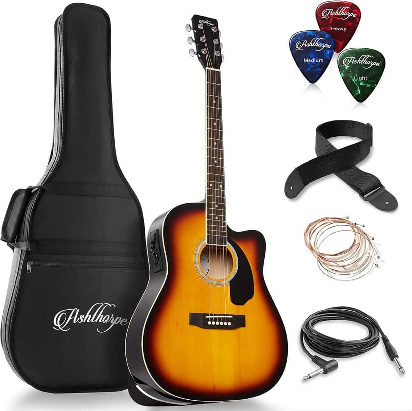 Ashthorpe Full-Size Dreadnought Cutaway Acoustic-Electric Guitar Bundle - Premium Tonewoods - Sunburst