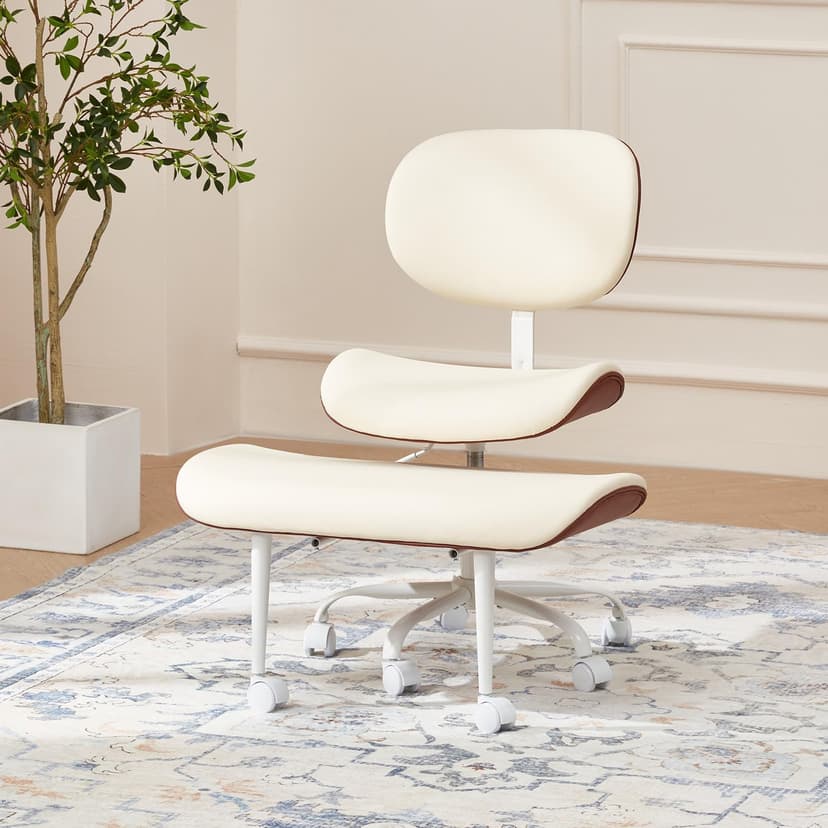EROMMY ADHD Chair with Wheels Retractable footrest, Wide and Thickened Criss Cross Chair, Ergonomic Cross Legged Kneeling Desk Chairs for Meditation Yoga, Beige & Brown