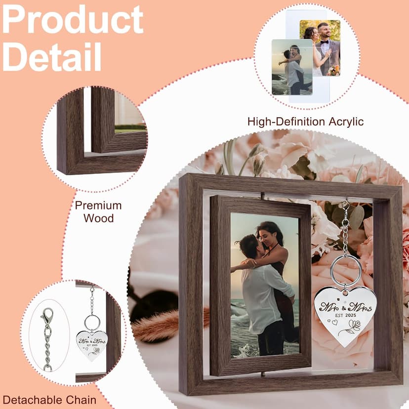 Wedding Gifts for Couples 2025,Rotating Floating Mr and Mrs Picture Frame,4x6 Rustic Picture Frame Engagement Gifts for Couples,Bridal Shower Gift for Bride to Be