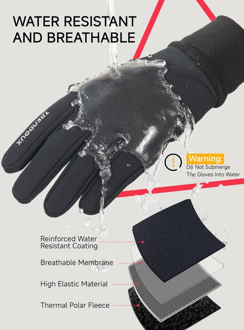 TRENDOUX Winter Gloves for Men Women: 100% Waterproof Windproof Thin Touchscreen Gloves Anti-Slip, Mens Womens Warm Lightweight Glove Polar Fleece Lined for Driving Running Riding Cycling Typing