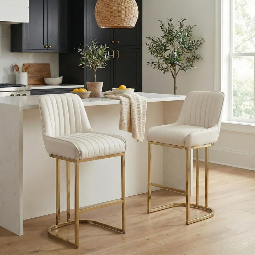 CIMOTA Counter Height Bar Stools Set of 2 with Back Modern Kitchen Counter Stools with Gold Legs Leather Island Chairs Comfy Stripe Barstools for Breakfast Bar, 26 Inch/PU Beige