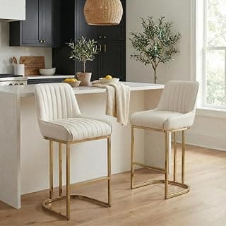 CIMOTA Counter Height Bar Stools Set of 2 with Back Modern Kitchen Counter Stools with Gold Legs Leather Island Chairs Comfy Stripe Barstools for Breakfast Bar, 26 Inch/PU Beige
