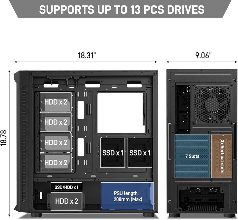 DARKROCK Classico Max Storage Master E-ATX Computer Case with 4x120mm Black Fan, 10 x3.5 HDD+3 x2.5 SDD USB 3.0 Ready, 360mm Radiator Supported, Vertical Slots for GPU Vertically Mount - Black