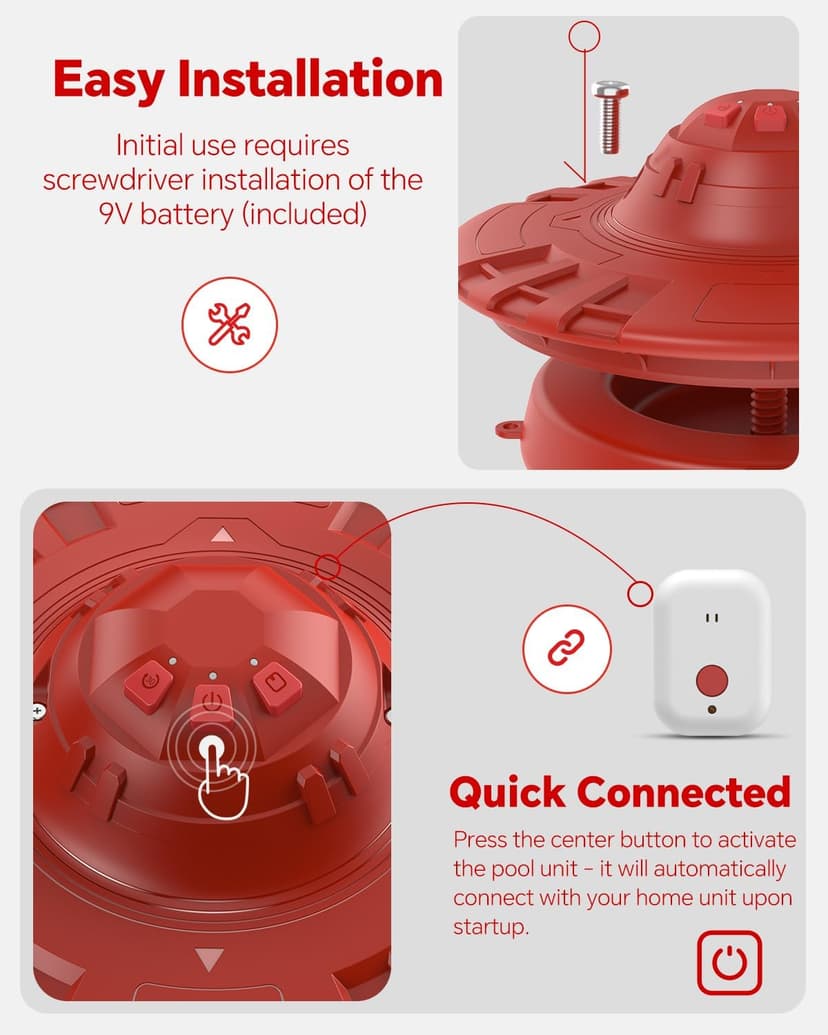 Pool Alarm, Floating Pool Safety Alarms for Inground & Above Ground Pools – Loud 110dB Alert, Adjustable Sensitivity, Protection for Kids & Pets (Hot Red)