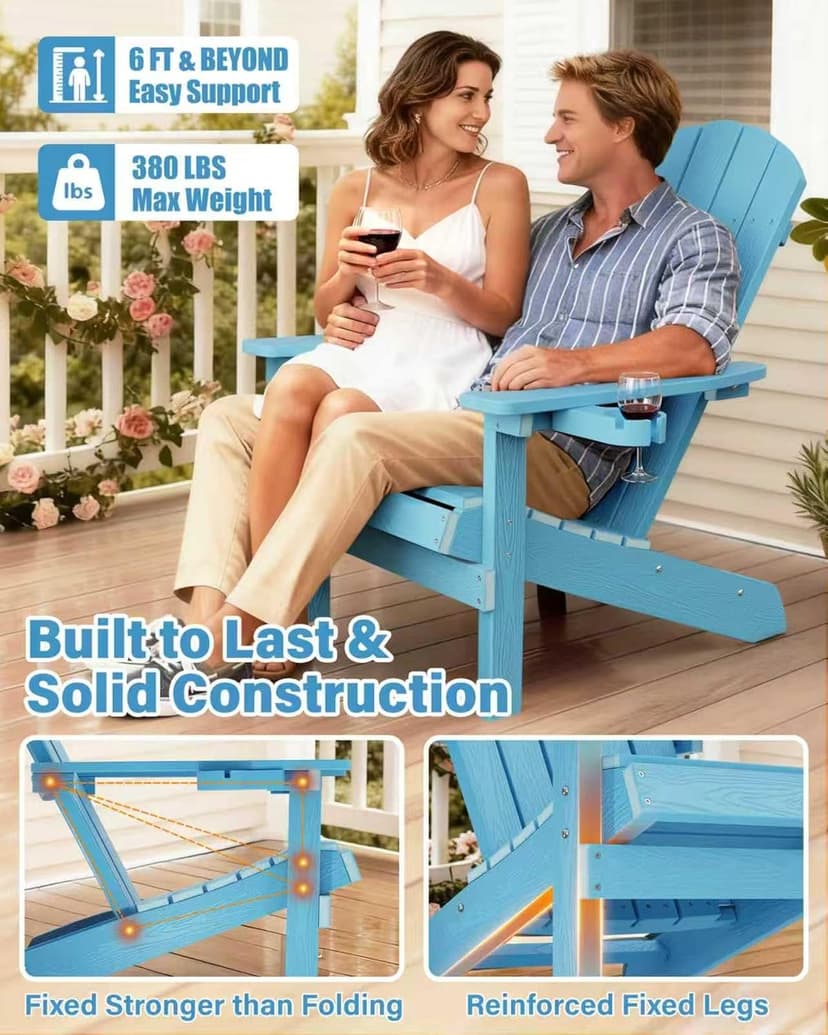 YEFU Adirondack Chair Weather Resistant: Outdoor Chair HIPS Plastic Adirondack Chairs - Patio Chairs with Cup Holder & Wood Texture - Lawn Fire Pit Deck Porch Garden Chairs for Adults (Blue)