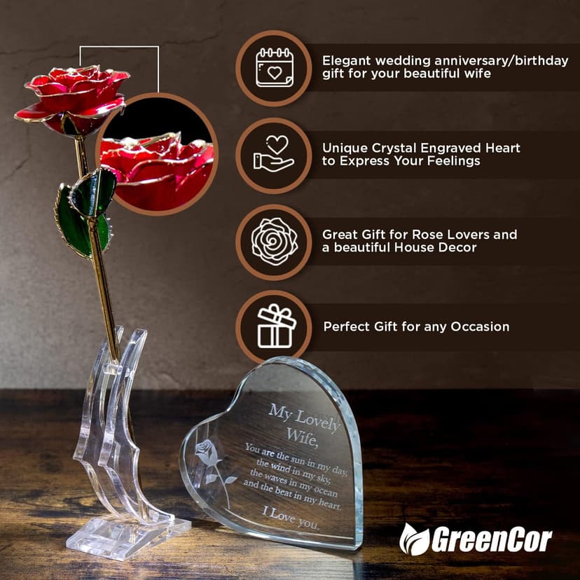 Anniversary for Wife Engraved Wooden Gift Set 'To My Beautiful Wife' Includes Crystal Engraved Heart 24K Gold Dipped Rose for Birthday Gifts