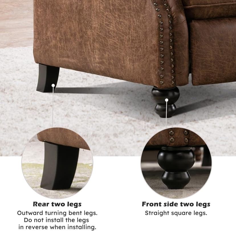 IOMOR Push Back Recliner Chair Faux Leather Lounge Armchair with Rivet Decoration Wingback Single Sofa Chair with Padded Seat Solid Wood Legs for Living Room, Chocolate