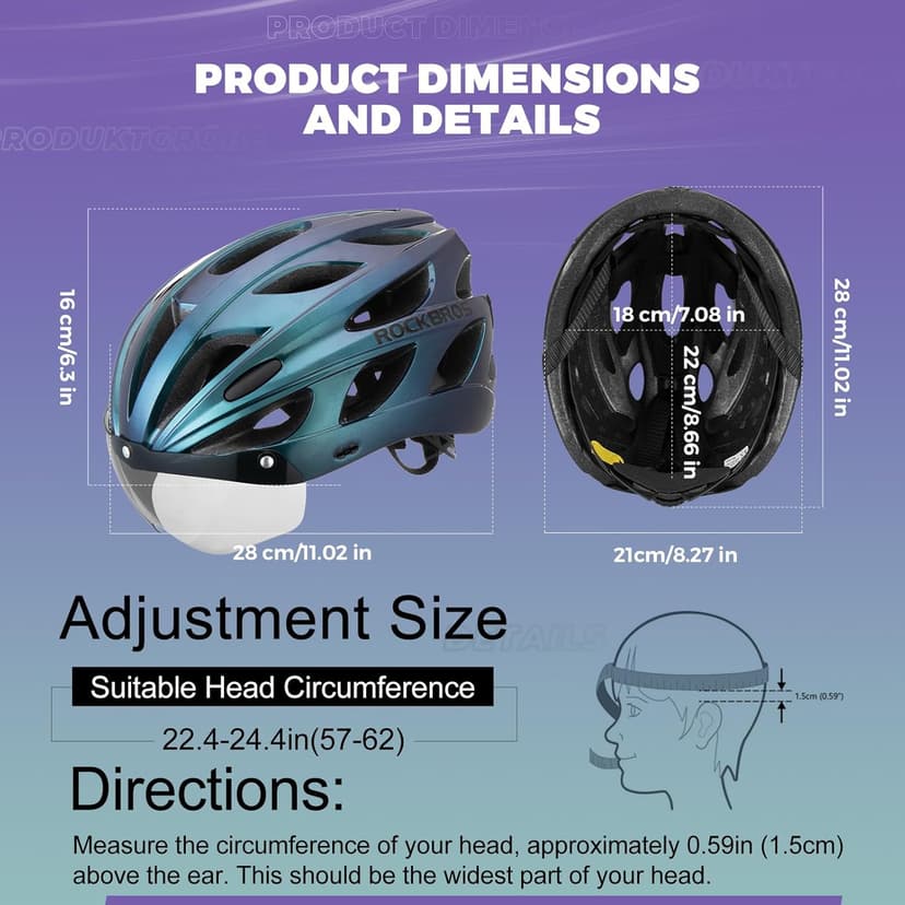 ROCKBROS Bike Helmet for Adult Men Women with Suggested Fit 58-65cm, Detachable Magnetic Goggles & Sun Visor, Lightweight with Adjustable Side and Chin Strap, Suitable for Myopia Glasses